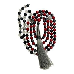 Red Pearl & Black Onyx and Clear Quartz Mala Necklace